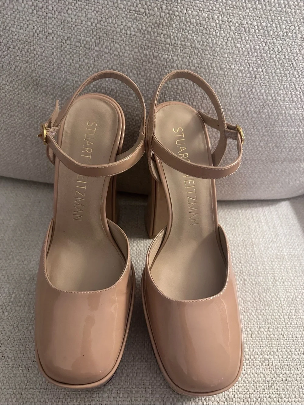 Stuart Weitzman Skyhigh Patent Leather Ankle-Strap Pump Block Heels Closed Toe